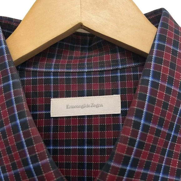 Ermenegildo Zegna Casual Button Down Shirt Red With Blue Plaid Italy Size XXL - Picture 7 of 9